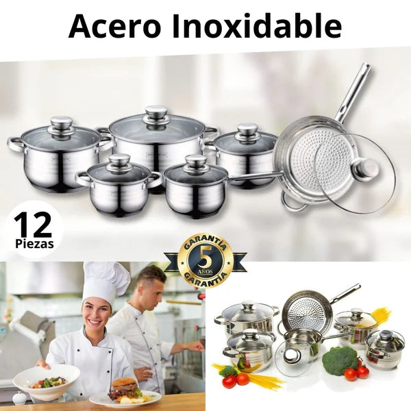 Pack: Bateria cocina 12 piezas + Set cuchillos y utensilios + Recetario de 1.000 recetas