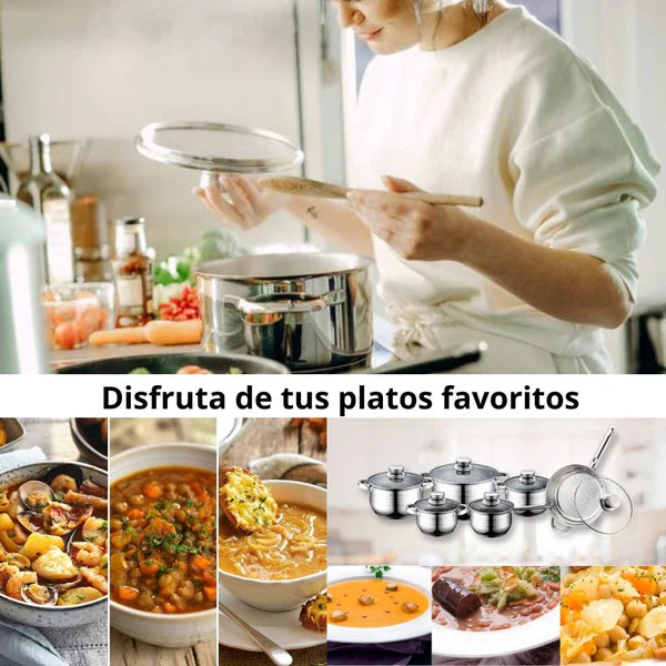 Pack: Bateria cocina 12 piezas + Set cuchillos y utensilios + Recetario de 1.000 recetas