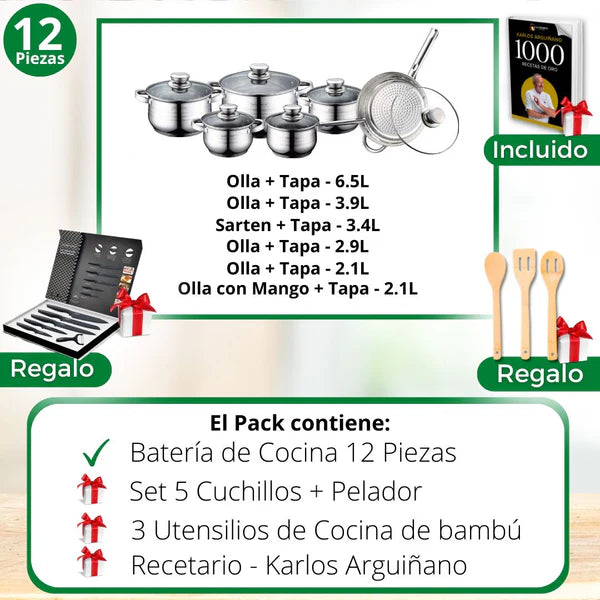 Pack: Bateria cocina 12 piezas + Set cuchillos y utensilios + Recetario de 1.000 recetas